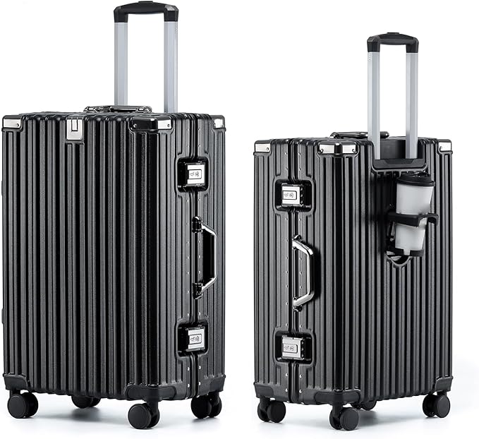 HotWay 24 Inch Aluminum Frame Luggage with Spinner Wheels, PC Hard Shell Suitcase with Cup Holder, Zipperless Luggage for Business Travel, Black