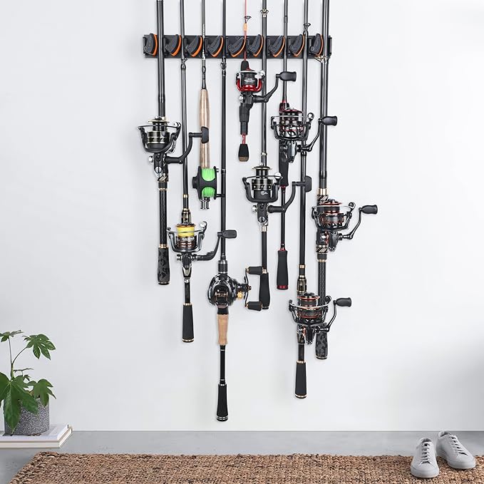 PLUSINNO V9 Vertical Fishing Rod Holders, Wall Mounted Fishing Pole Holders, Fishing Rod Rack Holds Up to 9 Rods or Combos, Fishing Rod Holders for Garage, Fits Most Rods of Diameter 3-19mm