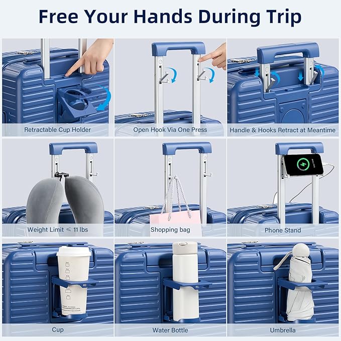 Hard Shell Suitcases 20 Inch Carry on Luggage Airline Approved, Expandable Travel Luggage with Cup Holder Charger Built in Lightweight Small Suitcase with Wheels, Interstellar Blue
