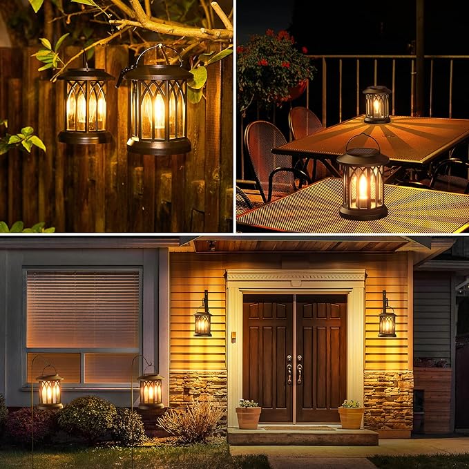 WdtPro Solar Lanterns Outdoor Waterproof, Upgraded Bright Hanging Solar Lights for Outside,Solar Powered Lanterns Lighting LED for Garden Patio Yard Decorative 2 Pack (Warm Light)