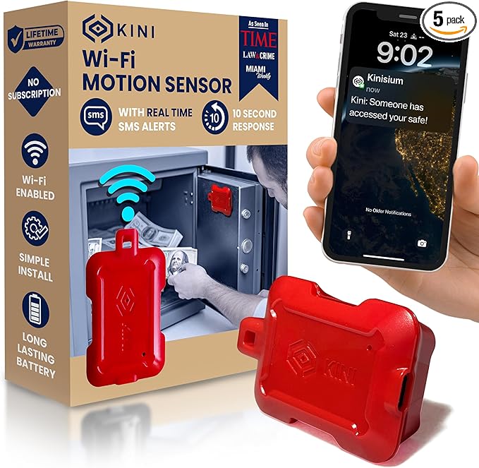 Kini SafeAlert WiFi Motion Sensor Alarm | Real-Time SMS Notification | Wireless Motion Detector for Gun Safes, Cabinets, Home, Apartments, Office | Easy Install, No Subscription, Rechargeable Battery