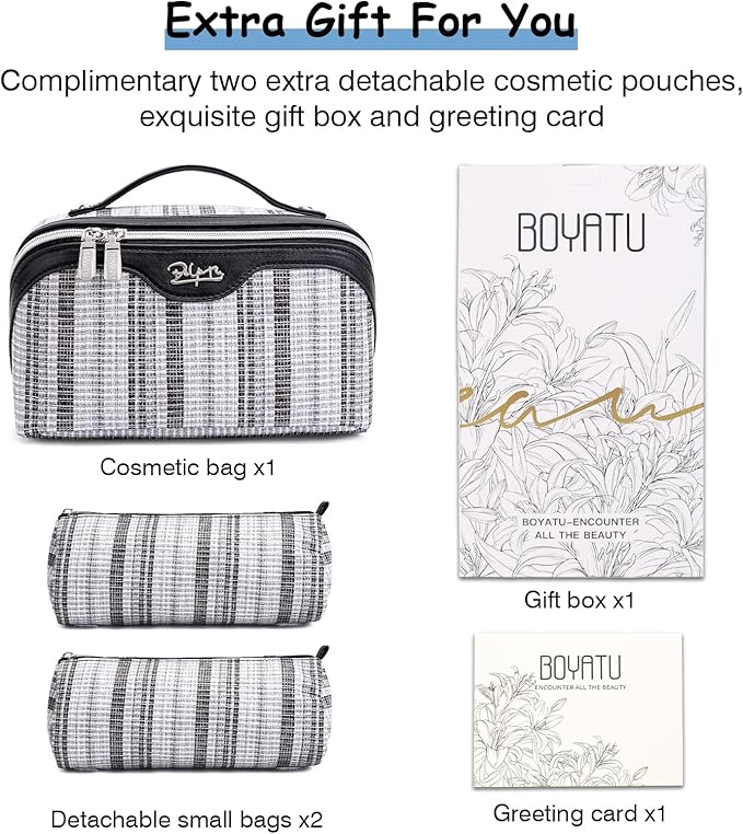 Travel Makeup Bag for Women: Large Capacity Open Flat Make up Bag Set of 3 - Vegan Leather Cosmetic Bag with Compartments - Waterproof Toiletry Bag with Handle & Divider(Black)