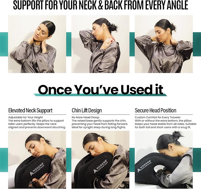 Modern Advantage Inflatable Travel Pillow for Airplanes with Adjustable Extra Bottom, Support Head & Chin to Avoid Neck & Shoulder Pain, for Travelling, Office Napping with Eye Mask & Earplug
