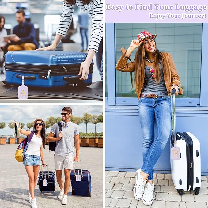 Personalized Initial Luggage Tags for Suitcase, Purple Leather Cute Luggage Tags with Privacy Cover Name Card, Embroidered Custom Monogrammed Luggage Tag Travel Backpack Tags Gifts for Women Kids(M)