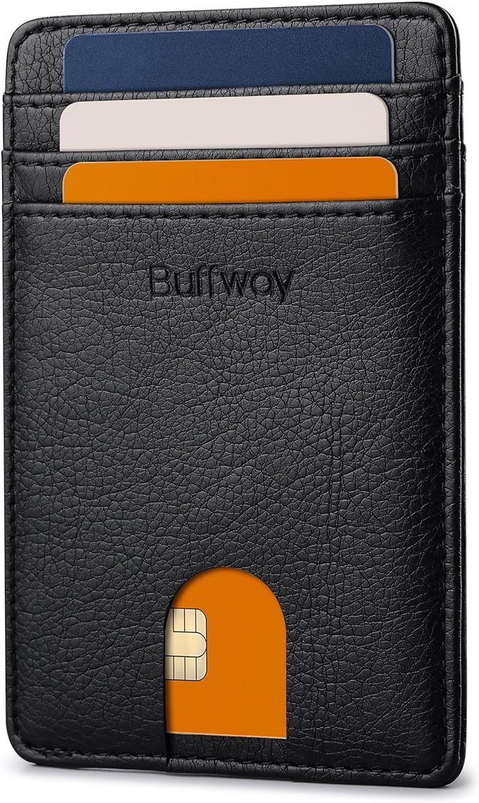 Buffway Mens Slim Wallet, Minimalist Thin Front Pocket Leather Credit Card Holder with RFID Blocking for Work Travel