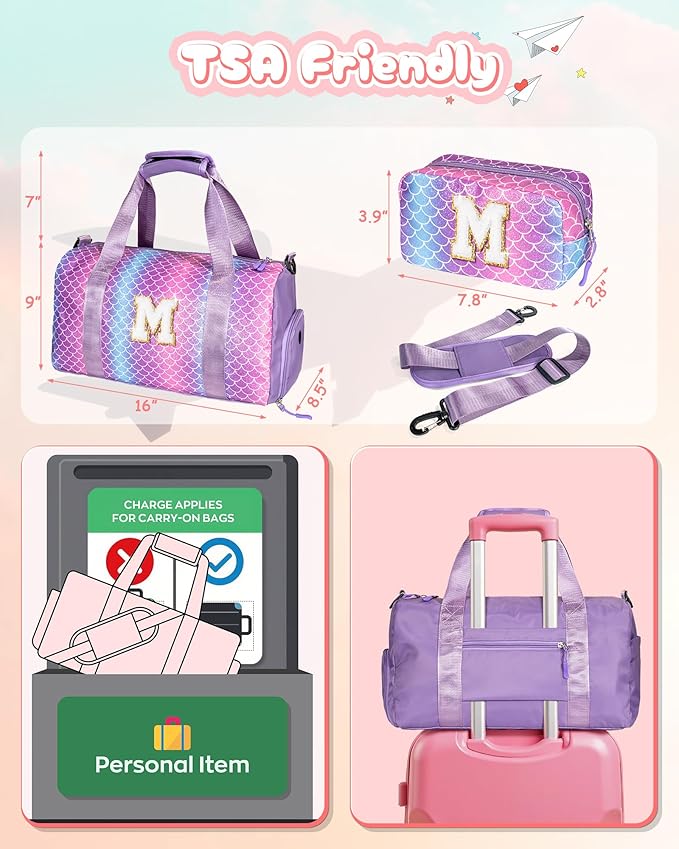 Birthday Gifts for 3 4 5 6 7 8 9 10 11 12 Year Old Girls-Girl Gym Bag with Shoe Compartment, Kid Personalized Weekender Overnight Bags, Initial Travel Tote with Makeup Pouch (Letter B)