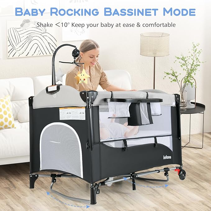 INFANS Pack and Play, 5 in 1 Baby Bedside Sleeper with Bassinet, Diaper Changer, Mattress, Carry Bag, Music Box Hanging Toys, Foldable Bedside Crib, Portable Playard for Newborn Toddlers (Gray)