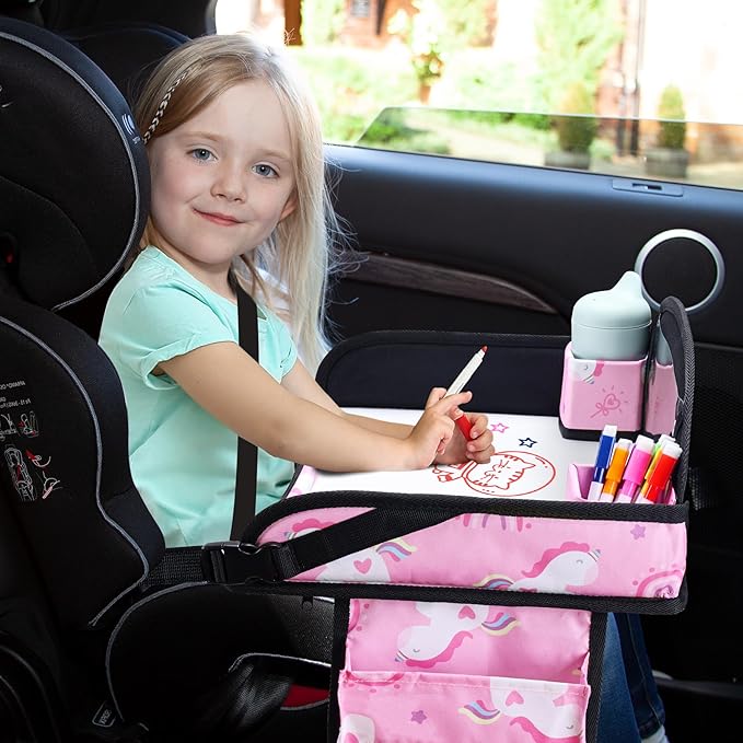 2PCS Kids Travel Tray, Car Seat Tray for kids Travel, Toddler Road Trip Essentials With Drawing Kit, Toddler Lap Desk Organizer for Car, Carseat Table for Airplane