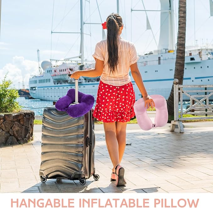 Sintuff 2 Pack Inflatable Travel Pillow for Airplanes Inflatable Neck Flight Pillows with Compact Bag and Blindfold for Traveling, Airplane, Train, Car, Office(Light Pink and Violet)