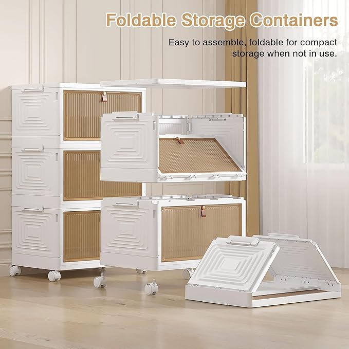 VECELO 3 Tier Stackable Storage Boxes with Magnetic Doors & Wheels, Foldable Storage Containers, 23 QT Closet Organizers for Living Room, Office, Dorm