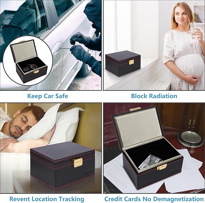 TICONN Faraday Box, Car Key Fob Protector, PU Leather Signal Blocker for Keyless Fob, RFID Signal Blocking Pouch Cage