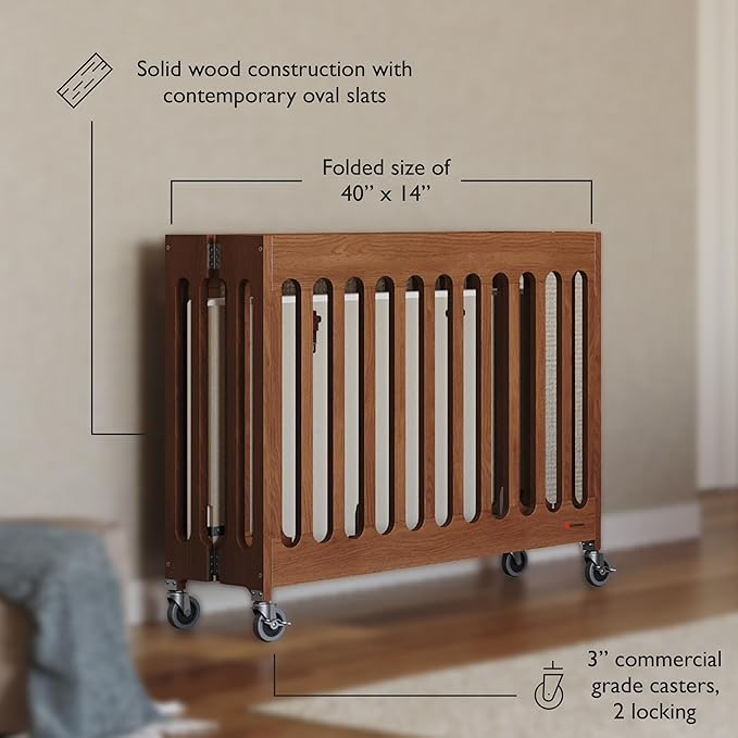 Foundations Boutique Folding Hotel Crib and Sheet Bundle - Includes Wooden Mini Crib with 3" Foam Mattress (Cherry) and 6-Pack White Fitted Compact Sheets