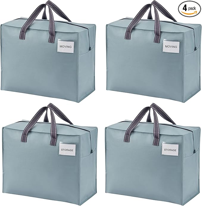 VENO 4 Pack Heavy Duty Moving Bags, Storage Bags, Packing Supplies, Top Zipper, Storage Totes for Camping, Clothes, Bedding, Comforters, Pillows (13 Gallon Light Blue, 4 Pack)
