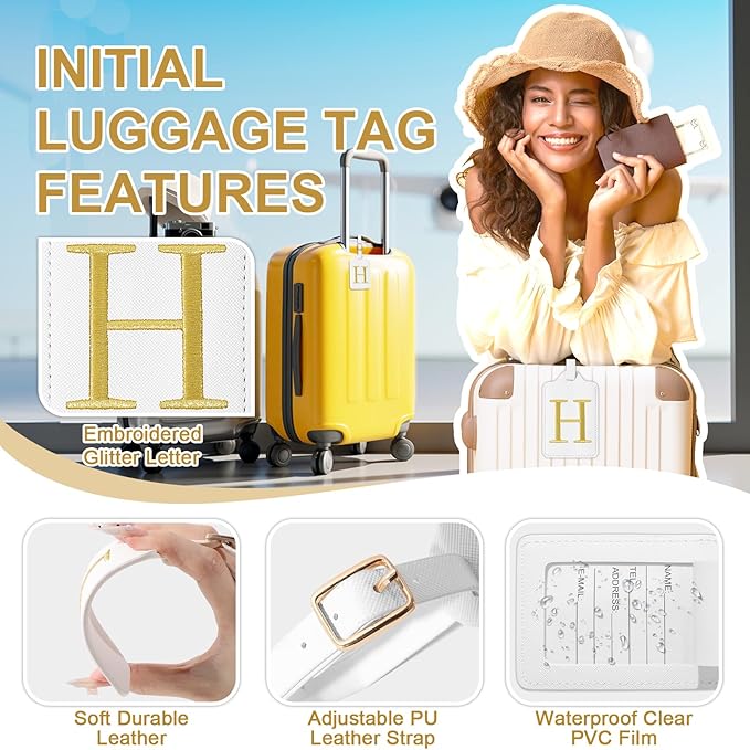 Personalized Initial Luggage Tags for Suitcase TSA Approved, White Leather Cute Luggage Tag with Privacy Cover Name Card, Embroidered Custom Luggage Tags Travel Baggage Tags Gifts for Women Kids(H)