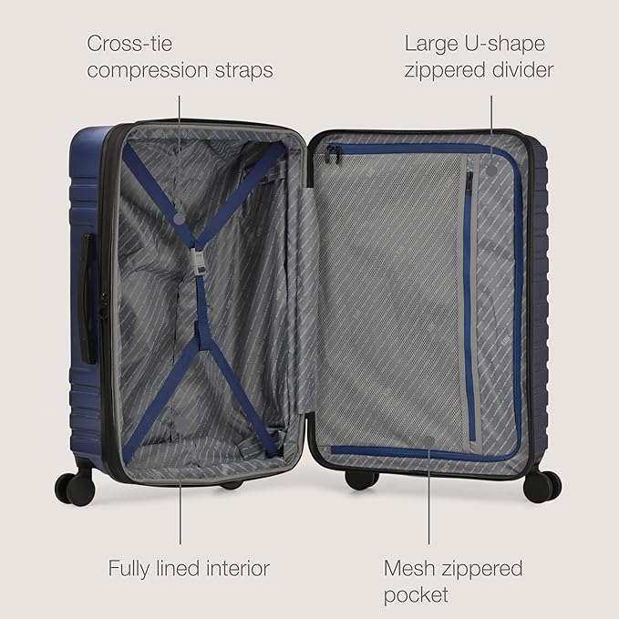 U.S. Traveler Boren Polycarbonate Hardside Rugged Travel Suitcase Luggage with 8 Spinner Wheels, Aluminum Handle, Navy, Checked-Medium 26-Inch