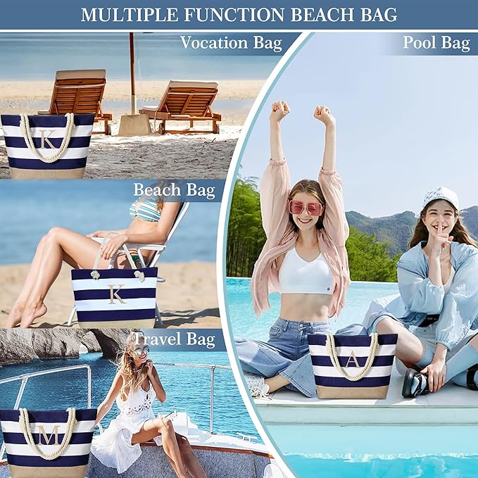 YOOLIFE Initial Canvas Waterproof Beach Tote Bag Zipper Personalized Gifts for Women Her Birthday Travel Beach Essential