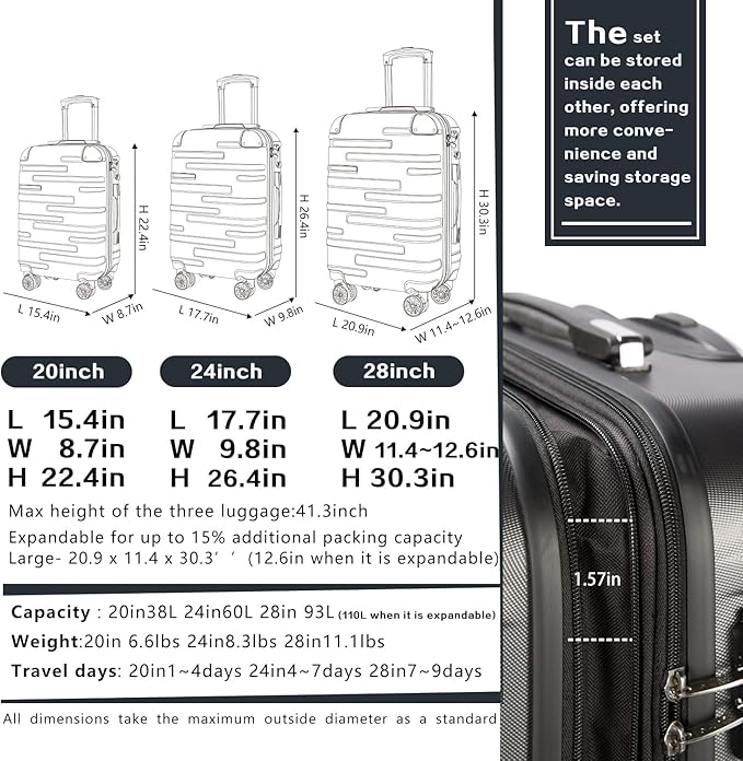 Coolife Luggage Suitcase Carry-on Hardside Travel Luggage TSA Lock Spinner Telescopic Handle