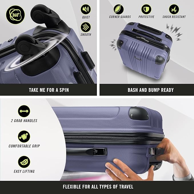 Kenneth Cole REACTION Out of Bounds Lightweight Hardshell 4-Wheel Spinner Luggage, Smokey Purple, 3-Piece Set (20", 24", & 28")