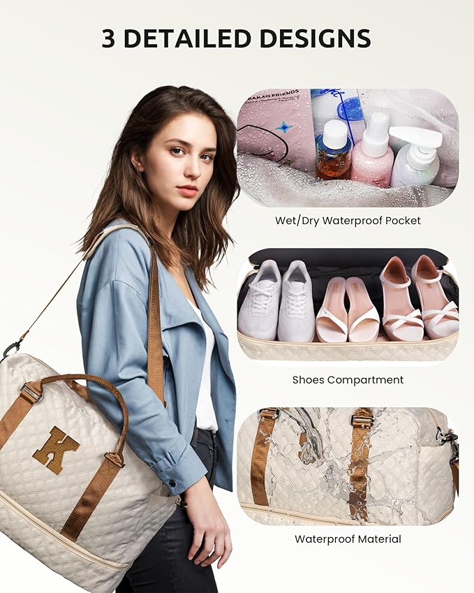 Initial Duffle Bag with Shoe Compartment, Personalized Weekender Bag, Monogram Overnight Bag for Women with Trolley Sleeve & Wet Pocket, Letter Travel Bag with Makeup Bag (Letter D), Beige