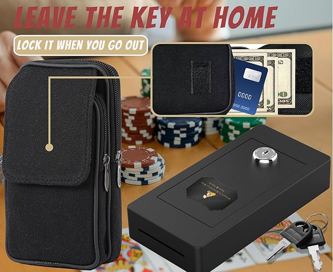 Large Metal Box for Gambler with Waist Bag, Portable Winner Bank Gambling Casino Cash Safe Box, Pocket Sized Cash Box with Key Go Home Money