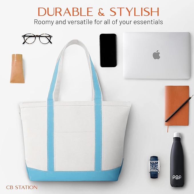 CB STATION Medium Classic Canvas Tote Bag for Women, Top Zipper Closure, Outer Pocket, Daily Essentials, Groceries, Traveling