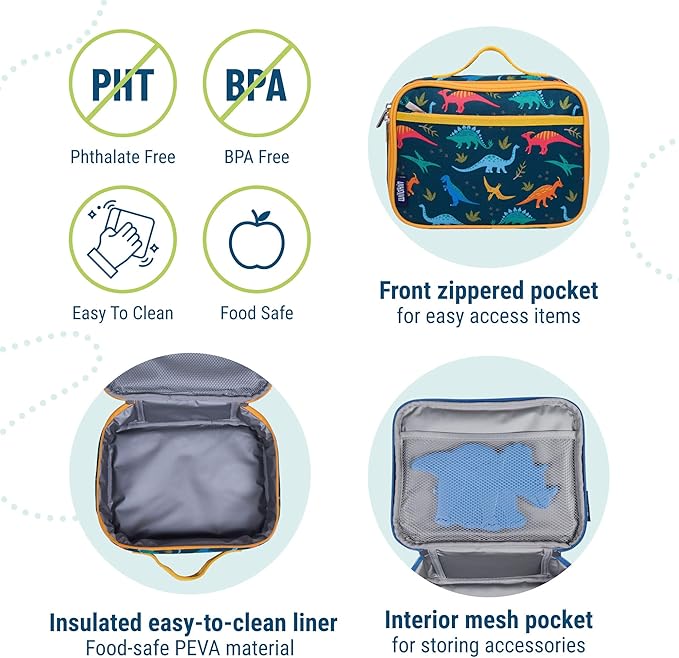 Wildkin Kids Insulated Lunch Box – Durable and Reusable for School & Travel - Jurassic Dinosaurs