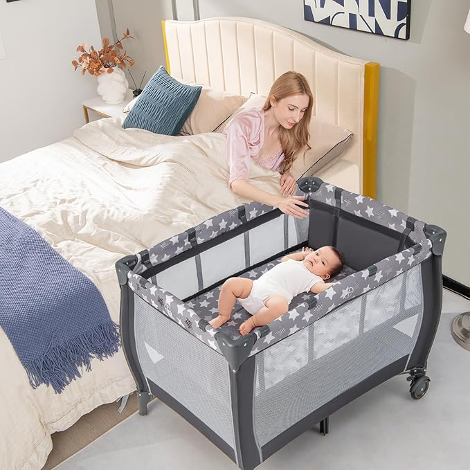HONEY JOY Pack and Play, 3 in 1 Portable Baby Playard with Bassinet, Changing Table, Lockable Wheels, Music Box, Foldable Travel Baby Crib Nursery Center from Newborn to Toddler (Star Gray)