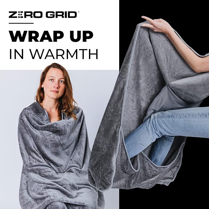 Lightweight Travel Blanket - Premium & Compact Airplane Wearable Blanket with Neck Snaps, Cozy Foot Pockets, Zipper Pouch - Converts into Soft Pillow - Designed for Ultimate Comfort - Shadow
