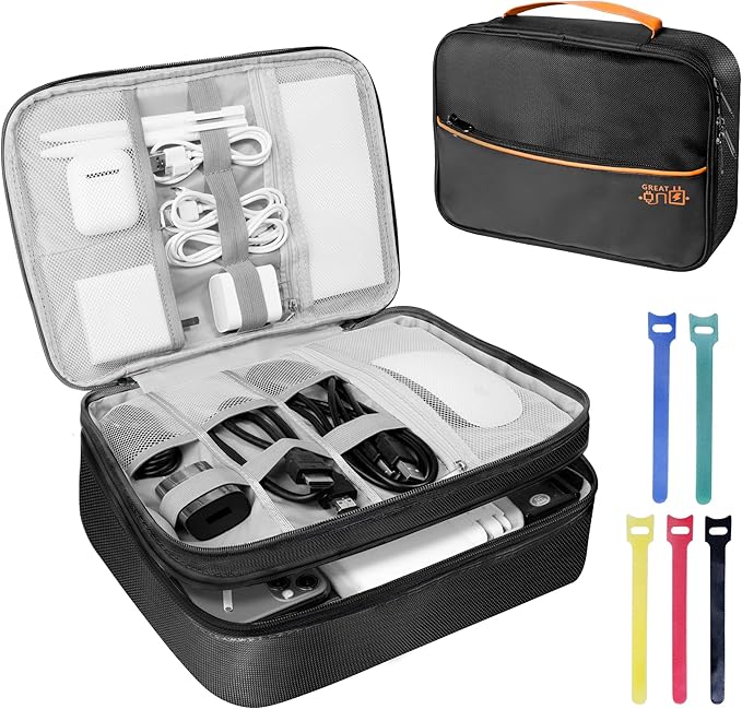 Electronics Travel Organizer, Large Double Layer Portable Waterproof Travel Organizer Bag for Charging Cable Storage, Ipad, Power Bank, Business and School ,5pcs Cable Ties-Black