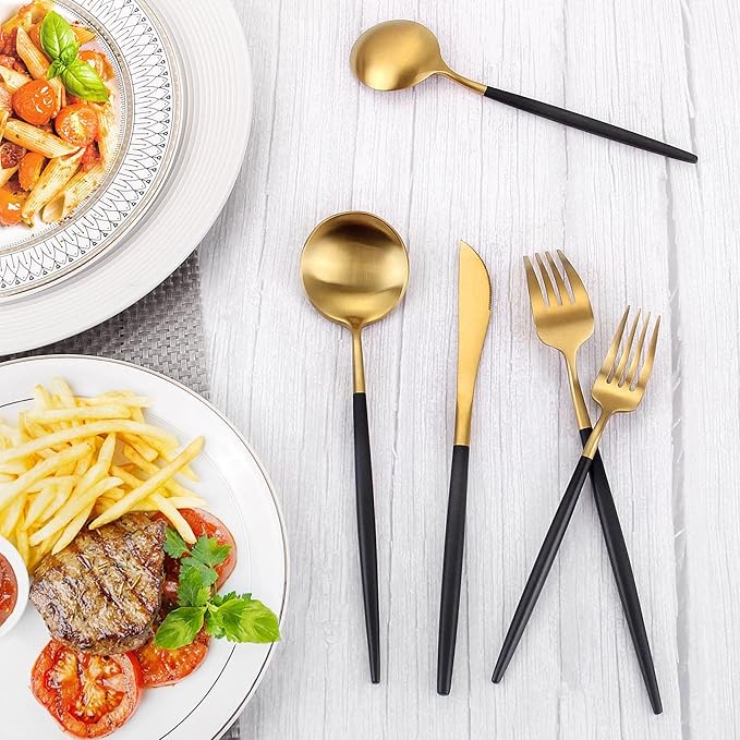 Matte Gold Silverware Set With Black Handle, IBIILII JEFF 20 Pieces Stainless Steel Flatware Set For 4，Kitchen Utensil Set, Tableware Cutlery Set, Knife Spoons And Forks Set, Dishwasher Safe