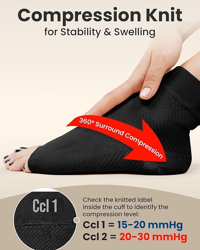 KEMFORD Ankle Compression Sleeve - Plantar Fasciitis Braces - Open Toe Compression Socks for Swelling, Sprain, Neuropathy, Foot Arch Support for Men and Women - 15-20mmhg, XL, Black