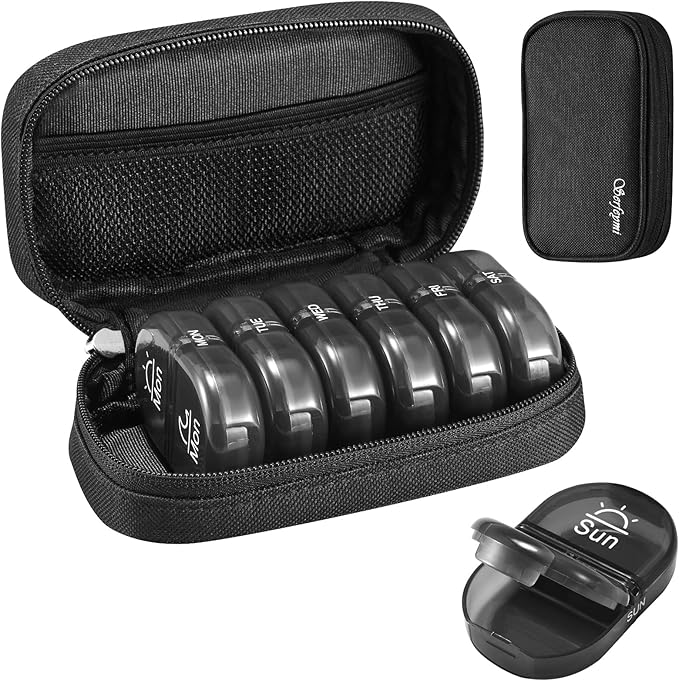 Serfeymi Weekly Travel Pill Organizer 2 Times A Day AM PM Upgraded Black Pill Box 7 Day with Portable Zipper Canvas Pill Case, Medicine Organizer for Pills, Vitamins, Supplements, Fish Oils - Black 01