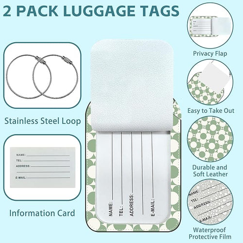 2 Pack Cute Luggage Tag for Suitcases Vintage Groovy Flowers Leather Luggage Tags with Stainless Steel Loop Privacy Flap Name Tags,Men and Women Travel Bag Suitcase Tags
