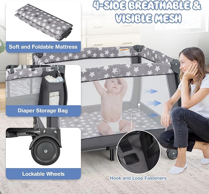 HONEY JOY Pack and Play, 3 in 1 Portable Baby Playard with Bassinet, Changing Table, Lockable Wheels, Music Box, Foldable Travel Baby Crib Nursery Center from Newborn to Toddler (Star Gray)