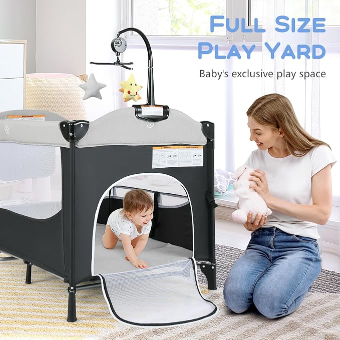 INFANS Pack and Play, 5 in 1 Baby Bedside Sleeper with Bassinet, Diaper Changer, Mattress, Carry Bag, Music Box Hanging Toys, Foldable Bedside Crib, Portable Playard for Newborn Toddlers (Gray)