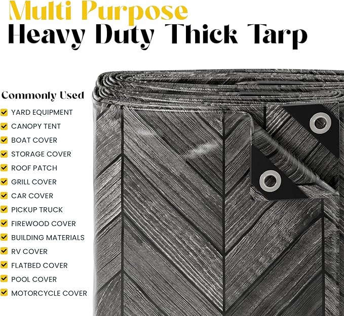 Core Tarps Extreme Heavy Duty 20 Mil Tarp Cover, Waterproof, UV Resistant, Rip and Tear Proof, Poly Tarpaulin with Reinforced Edges for Roof, Camping, Patio, Pool, Boat (Grey Wood/Black 12′ X 12′)