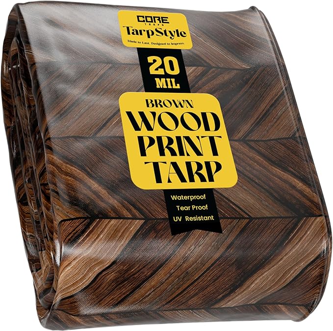 Core Tarps Extreme Heavy Duty 20 Mil Tarp Cover, Waterproof, UV Resistant, Rip and Tear Proof, Poly Tarpaulin with Reinforced Edges for Roof, Camping, Patio, Pool, Boat (Brown Wood/Black 18′ X 24′)