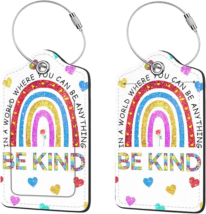 2 Pcs Luggage Tags for Suitcases, PU Leather Cruise Ship Luggage Tags with Privacy Cover Label Address Card and Durable Metal Ring Suitable for Men Women Handbags Backpacks Schoolbag,Rainbow