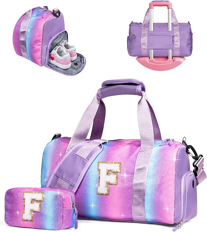 Dorm Room Essentials for Girls-Girl Gym Bag with Shoe Compartment, Kid Personalized Weekender Overnight Bags, Initial Travel Tote with Makeup Pouch, Preppy Stuff Gifts for Kids (Letter F)
