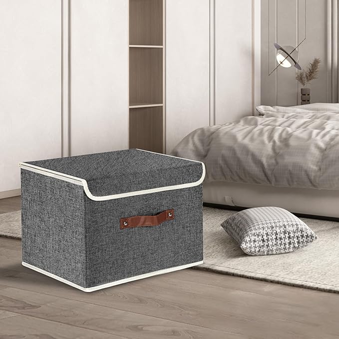 TYEERS Collapsible Storage Boxes, Washable Fabric Storage Bins with Lids, 14.9x9.8x9.8 inches, 3 Pack, Black