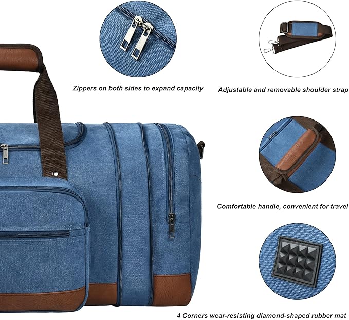 Litvyak Duffle Bag for Travel, 50L Canvas Travel Duffel Bags Overnight Weekend Gym Carry On Luggage Bag for Men & Womenn(Blue+Toiletry Bag)