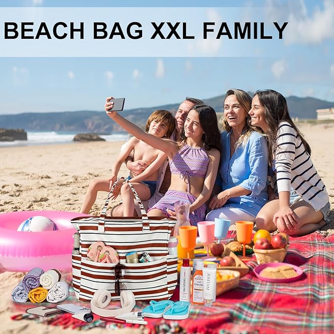 LEDAOU Large Beach Tote Bag Women Waterproof Sandproof Zipper Beach Tote Bag for Pool Gym Grocery Travel with Wet Pocket