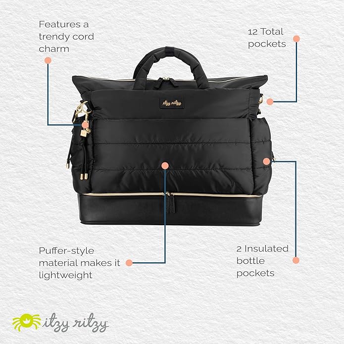 Itzy Ritzy Dream Weekender Travel Bag – Lightweight Overnight Bag with Base Compartment, 12 Pockets, Bottle Holders & Strap