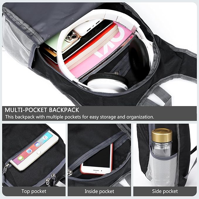 Esup 15L Lightweight Hiking Backpack Foldable Small Travel Backpack Packable Camping Backpack for Women Men (Black)