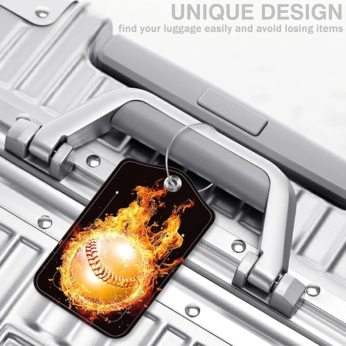 2 Pcs Baseball on Fire Luggage Tags for Suitcases PU Leather Baggage Tags Name ID Label with Privacy Cover and Stainless Steel Loop for Men Women Travel Bag Suitcase