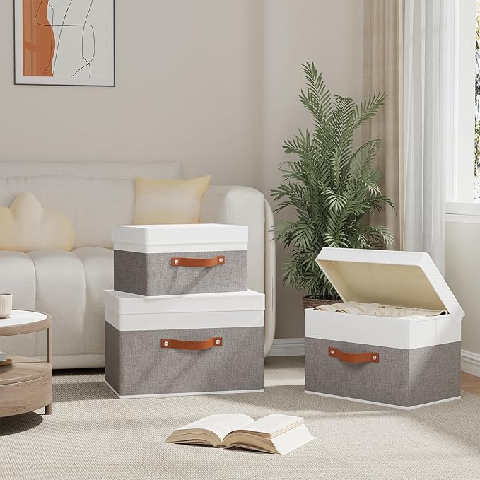 Fabric Storage Bins with Lids, 5 Pack Linen Foldable Cloth Baskets, 15 x 9.8 x 9.8 Inch Closet Organizer Containers with Double Handles, Sweater Boxes for Bedroom, White and Grey