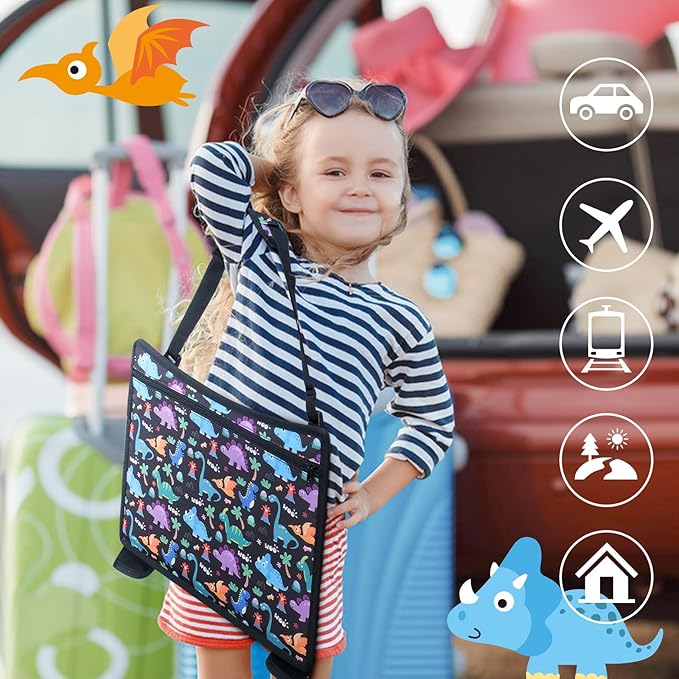 COOLBEBE Kids Travel Tray for Toddler Car Seat, Travel Tray for Airplane, Toddler Car Seat Lap Tray, Carseat Table Tray for Kids Travel Activities (Dinosaur)