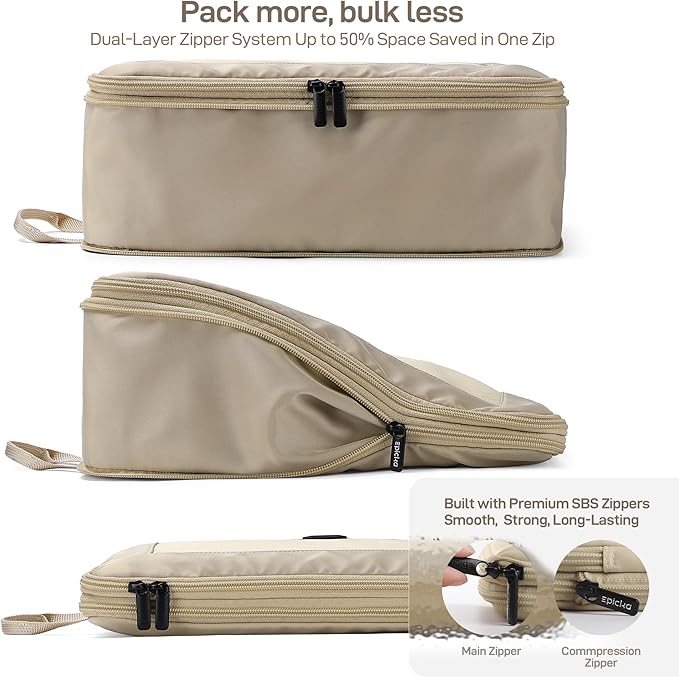 EPICKA TripCozy Compression Packing Cubes - 6 Set Durable Travel Organizer Bags with Mesh Top, Expandable Travel Accessories for Carry on, Luggage, Suitcase, Backpack (Khaki)