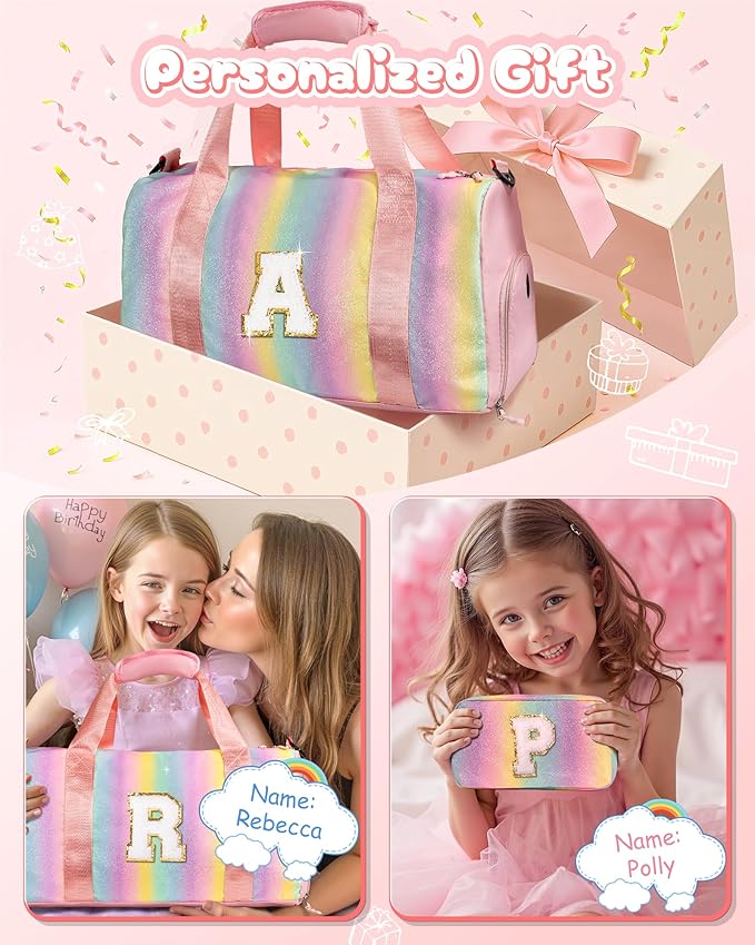 Gifts for 4 5 6 7 8 9 10 Year Old Girls-Girl Gym Bag with Shoe Compartment, Kid Weekender Overnight Bags, Initial Travel Tote with Makeup Pouch, Niece Girls Birthday Gift (Letter L)