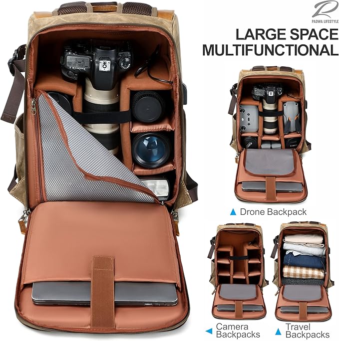 Padwa Lifestyle Khaki Camera Backpack - Weather Resistant Waxed Memory Canvas Camera Backpacks for Photographers,Multi DSLR SLR Camera Bag with 16” Laptop & Lens Compartment and Tripod Holder
